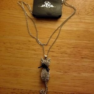 NWT Silvertone & Crystal Silk Accent Cat Pendant Necklace